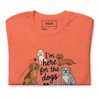 I'm here for the dogs graphic featuring dogs, printed on a heather t-shirt, front view