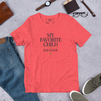My favorite child has 4 legs graphic featuring a pet, printed on a heather t-shirt, front view