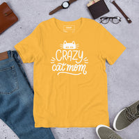 Crazy cat mom graphic featuring a cat, printed on a heather t-shirt, front view