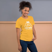 Crazy cat mom graphic featuring a cat, printed on a heather t-shirt, front view