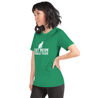 Cat mom world tour graphic featuring a cat, printed on a light t-shirt, front view