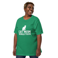 Cat mom world tour graphic featuring a cat, printed on a light t-shirt, front view