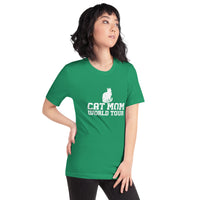 Cat mom world tour graphic featuring a cat, printed on a light t-shirt, front view
