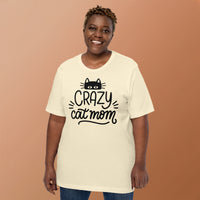 Crazy cat mom graphic featuring a cat, printed on a light t-shirt, front view