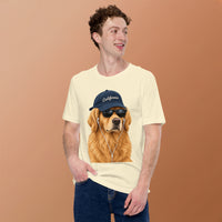 Unisex staple t-shirt showing golden retriever with sunglasses graphic, Natural, front view