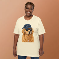 Unisex staple t-shirt showing golden retriever with sunglasses graphic, Natural, front view