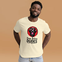 Unisex staple t-shirt showing dogs before dudes graphic, Natural, front view