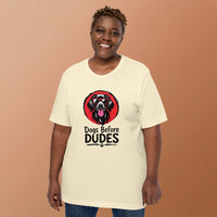 Unisex staple t-shirt showing dogs before dudes graphic, Natural, front view
