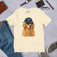Unisex staple t-shirt showing golden retriever with sunglasses graphic, Natural, front view