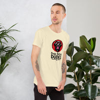 Unisex staple t-shirt showing dogs before dudes graphic, Natural, right view