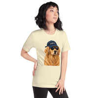 Unisex staple t-shirt showing golden retriever with sunglasses graphic, Natural, right front view
