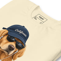 Unisex staple t-shirt showing golden retriever with sunglasses graphic, Natural, front view