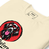 Unisex staple t-shirt showing dogs before dudes graphic, Natural, zoomed in view