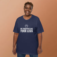 Four-legged therapist graphic featuring a dog, printed on a navy t-shirt, front view