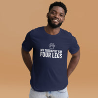 Four-legged therapist graphic featuring a dog, printed on a navy t-shirt, front view
