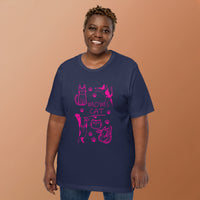 Retro neon Mow CatT cat graphic, printed on a navy t-shirt, front view