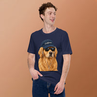 Unisex staple t-shirt showing golden retriever with sunglasses graphic, Navy, front view