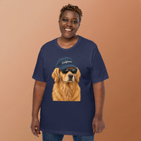 Unisex staple t-shirt showing golden retriever with sunglasses graphic, Navy, front view