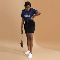 Four-legged therapist graphic featuring a dog, printed on a navy t-shirt, front view