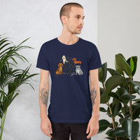 I'm here for the dogs graphic featuring dogs, printed on a navy t-shirt, front view