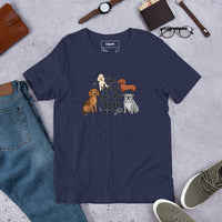 I'm here for the dogs graphic featuring dogs, printed on a navy t-shirt, front view
