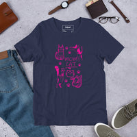 Retro neon Mow CatT cat graphic, printed on a navy t-shirt, front view