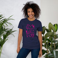 Retro neon Mow CatT cat graphic, printed on a navy t-shirt, front view