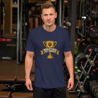 Professional pet servant graphic with a dog, printed on a navy t-shirt, front view