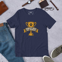 Professional pet servant graphic with a dog, printed on a navy t-shirt, front view