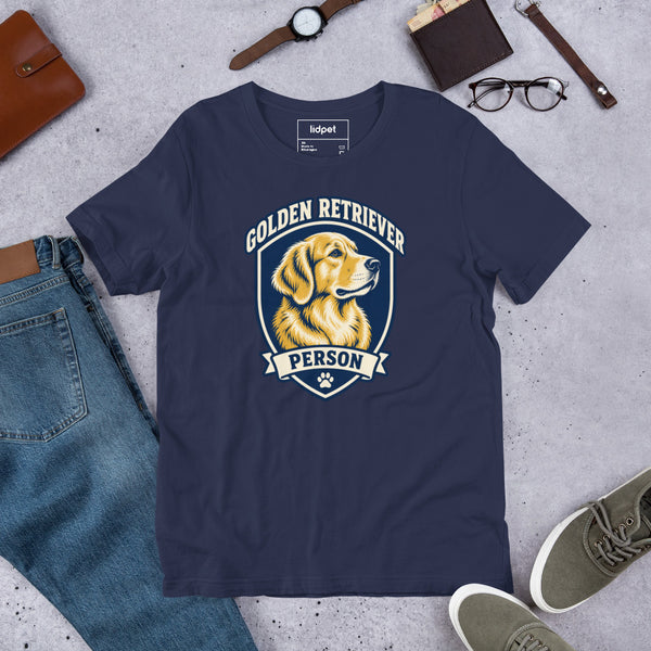 Unisex staple t-shirt showing golden retriever breed badge graphic, Navy, front view