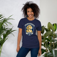 Unisex staple t-shirt showing golden retriever breed badge graphic, Navy, front view