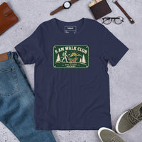 Unisex staple t-shirt showing 5 AM walk club graphic, Navy, front view