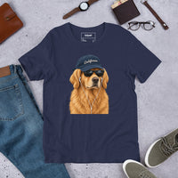 Unisex staple t-shirt showing golden retriever with sunglasses graphic, Navy, front view