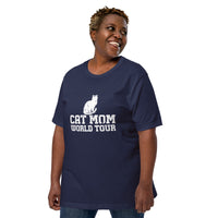 Cat mom world tour graphic featuring a cat, printed on a navy t-shirt, front view