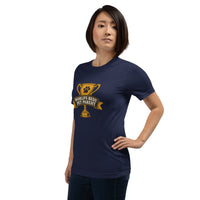 Professional pet servant graphic with a dog, printed on a navy t-shirt, front view