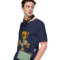Professional pet servant graphic with a dog, printed on a navy t-shirt, front view