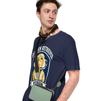Unisex staple t-shirt showing golden retriever breed badge graphic, Navy, left front view