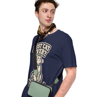 Unisex staple t-shirt showing best cat ever yeah that was me graphic, Navy, left front view