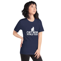 Cat mom world tour graphic featuring a cat, printed on a navy t-shirt, front view
