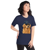 Unisex staple t-shirt showing golden retriever with sunglasses graphic, Navy, right front view