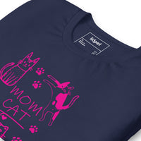 Retro neon Mow CatT cat graphic, printed on a navy t-shirt, front view