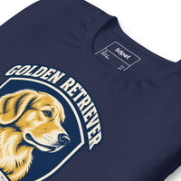 Unisex staple t-shirt showing golden retriever breed badge graphic, Navy, front view