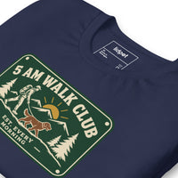 Unisex staple t-shirt showing 5 AM walk club graphic, Navy, front view