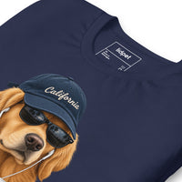 Unisex staple t-shirt showing golden retriever with sunglasses graphic, Navy, front view