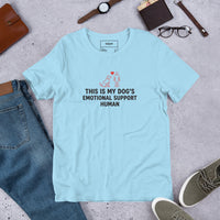 Emotional support human graphic featuring a dog and person, printed on a light t-shirt, front view