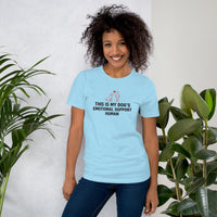 Emotional support human graphic featuring a dog and person, printed on a light t-shirt, front view