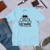 Crazy cat mom graphic featuring a cat, printed on a light t-shirt, front view