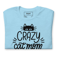 Crazy cat mom graphic featuring a cat, printed on a light t-shirt, front view