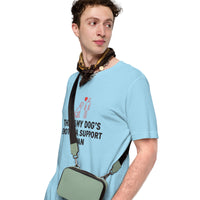 Emotional support human graphic featuring a dog and person, printed on a light t-shirt, front view
