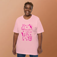 Retro neon Mow CatT cat graphic, printed on a pink t-shirt, front view